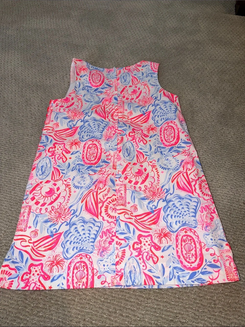 Lilly Pulitzer Girls Pink & Blue Seashell Print Shift Dress with Coral Trim